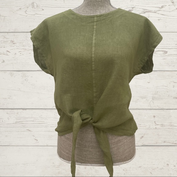 Charlie B Tops - Charlie B Sleeveless Linen Tie Front Top Olive M